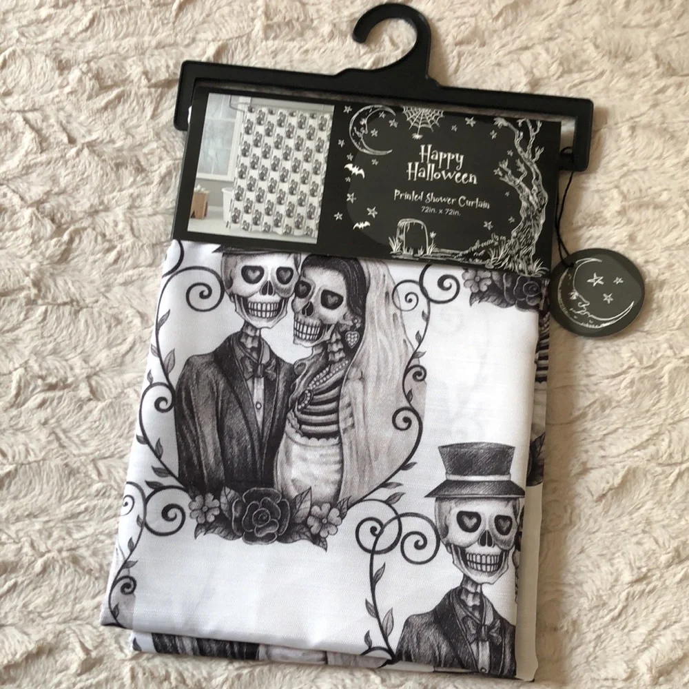 Happy Halloween Black & White Skeleton Couple Shower Curtain